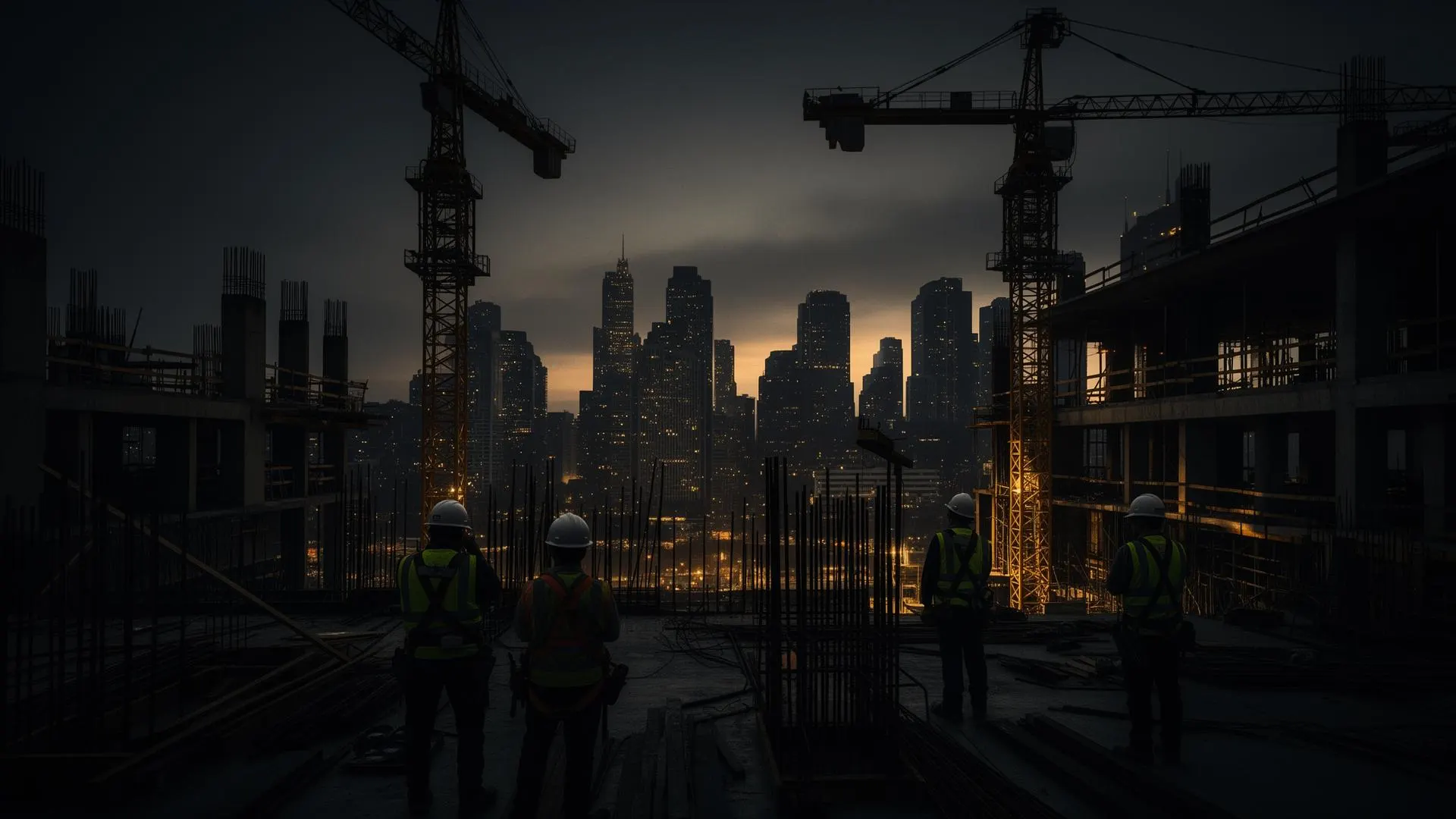 Construction site at dusk with cranes and workers